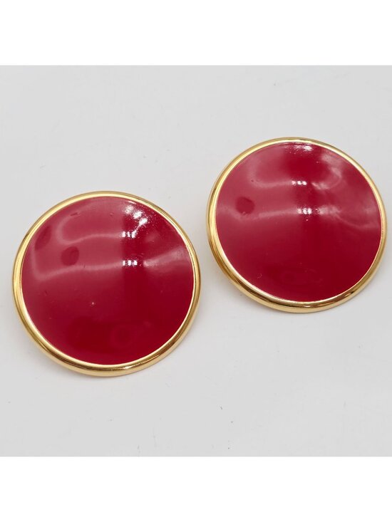 Napier Jewelry - Vintage Napier Red Enamel & Gold-Tone Round Clip-On Earrings 1.5"